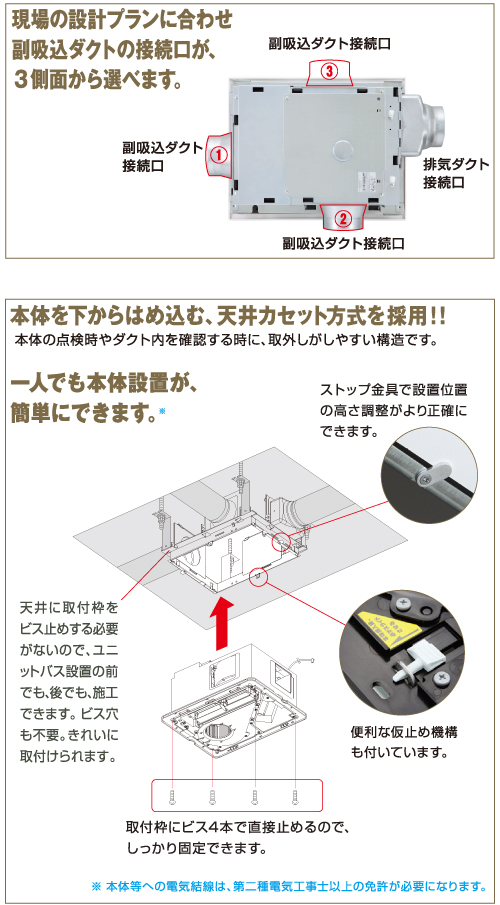 選べる副吸込ダクト接続位置。一人でも簡単設置。天井カセット方式。