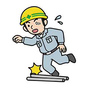 無料ダウンロードランキング5位のイラストです。ヘルメット着用作業員が足元の障害物で転びそうになる「ヒヤリ・ハット」のイラストです。