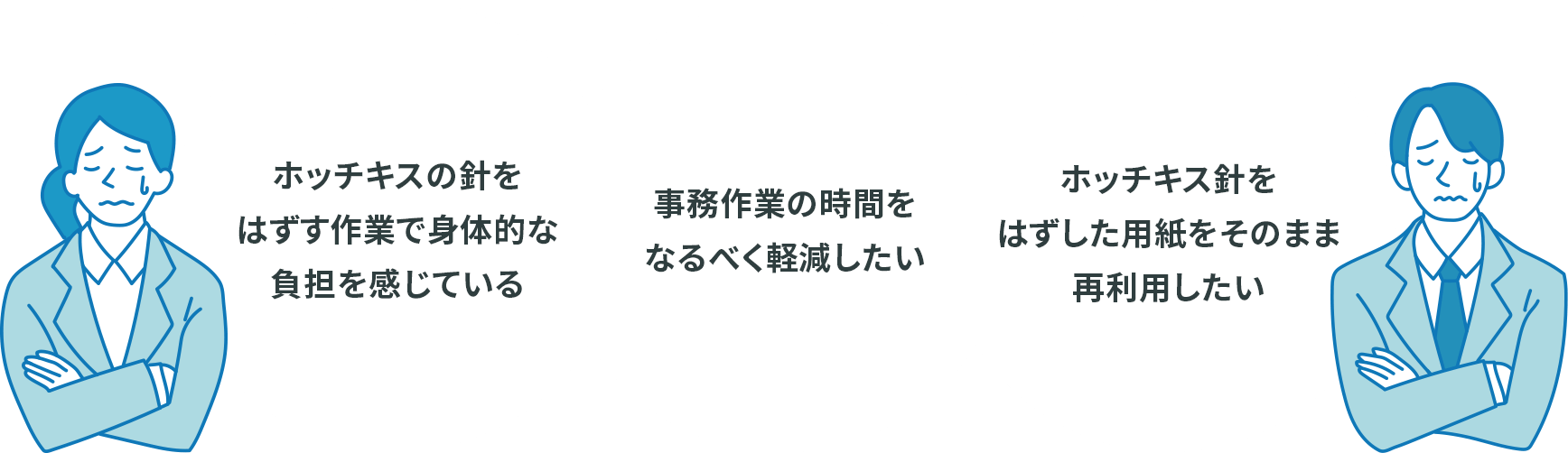 ホッチキスの針をはずす作業で身体的な負担を感じている 事務作業の時間をなるべく軽減したい ホッチキス針をはずした用紙をそのまま再利用したい