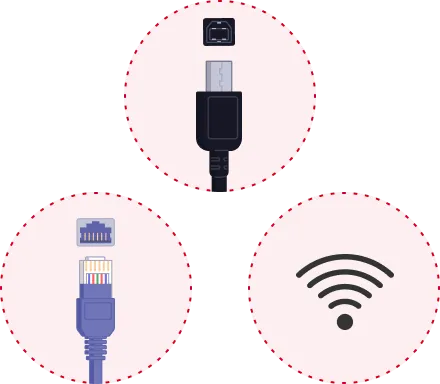 USBケーブル、有線LAN、無線LAN（Wi-Fi）3つの方法でPCと本体を接続可能