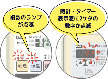 複数のランプが点滅 時計・タイマー表示窓に2ケタの数字が点滅